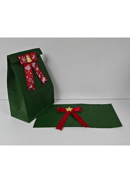 Yılbaşı Noel Yeşil Renk Kese Kağıdı - Hediye Poşeti - 15X29X8 cm - 10 Adet - Ç053