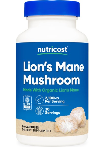 Nutricost Lion's Mane Mushroom Aslan Yelesi Mantarı 2100 Mg 90 Capsules 700 Mg Per Capsul