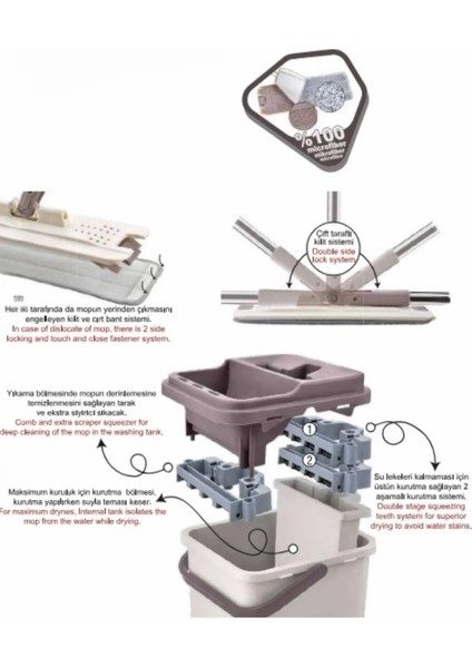 2 Aşamalı Kurutma Sistemli, 2 Bölmeli Microfiber Flat Mop Seti, Temizlik Seti