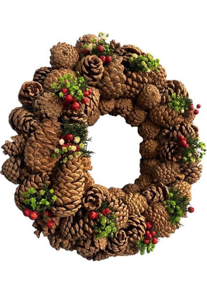 Yılbaşı Kapı Süsü 28cm, Kozalak, Yosun, Renkli, Doğal ve Şık Dekorasyon Parçası