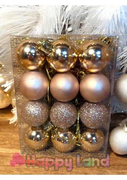 Yılbaşı Çam Ağacı Süsü Rose Gold 24 Adet 3 cm Asetat Kutulu Rose Cici Top Setşi