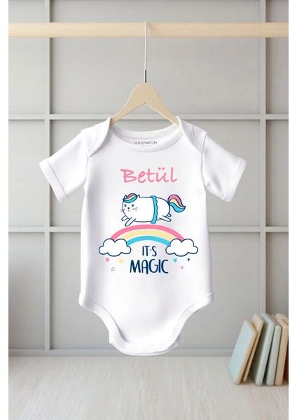 Isme Özel Kız Bebek Unicorn Baskılı Pamuklu Zıbın