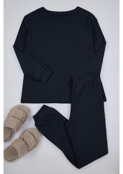 Kadın Moda Şık Bisiklet Yaka Lastikli Paça Uzun Kol Pamuklu Fitilli Geniş Kalıp Örme Pijama Takımı