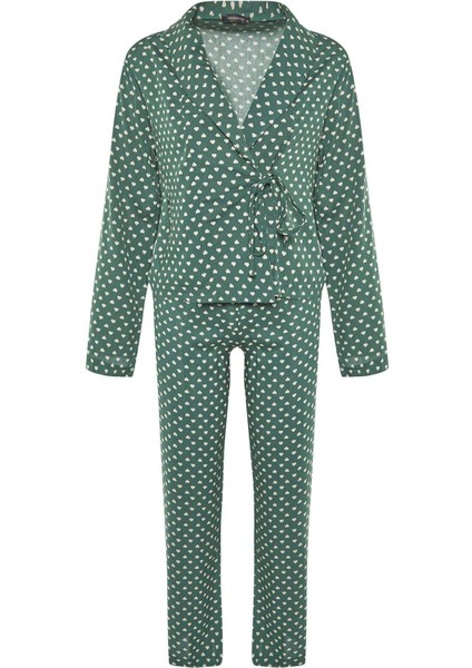Kadın Moda Şık V Yaka Boru Paça Uzun Kol Kalp Desenli Bağlama Detaylı Viskon Dokuma Pijama Takımı