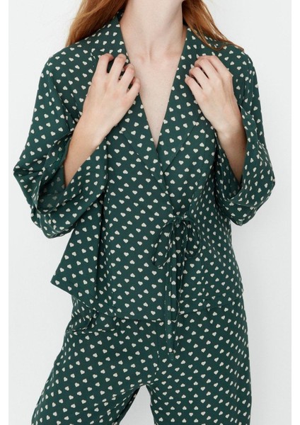 Kadın Moda Şık V Yaka Boru Paça Uzun Kol Kalp Desenli Bağlama Detaylı Viskon Dokuma Pijama Takımı fiyatları