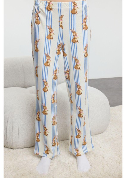 Kadın Moda Şık Gömlek Yaka Boru Paça Uzun Kol Pamuklu Çizgili Tavşan Desenli Örme Pijama Takımı modelleri