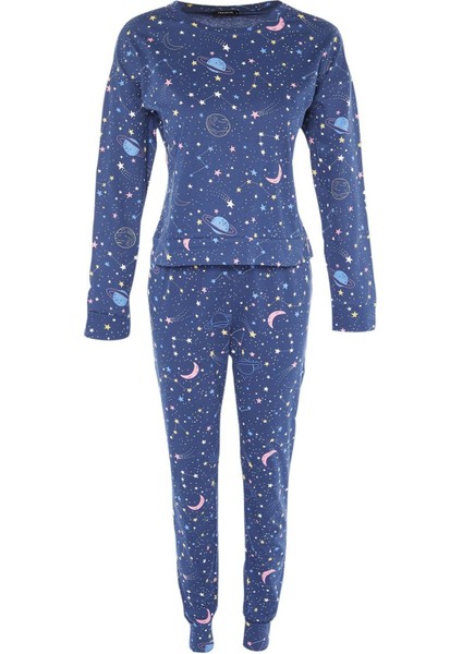 Tarz Rahat Uzun Kollu Lastikli Paça Pamuklu Galaksi Desenli Örme Pijama Takımı