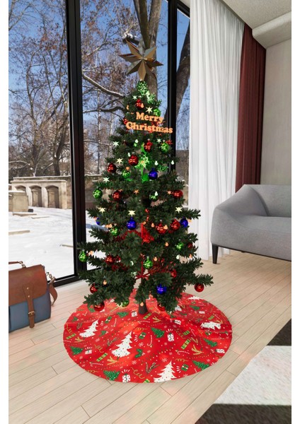 Kırmızı Yeşil Yılbaşı Temalı Dijital Baskılı Çam Ağacı Örtüsü