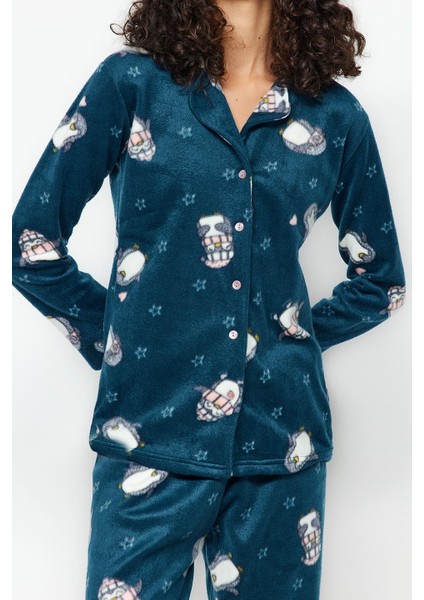 Tarz Rahat Uzun Kollu Boru Paça Penguen Desenli Polar Kışlık Örme Pijama Takımı