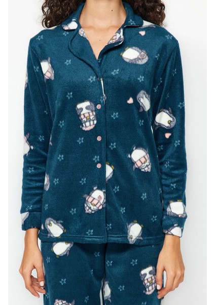 Tarz Rahat Uzun Kollu Boru Paça Penguen Desenli Polar Kışlık Örme Pijama Takımı