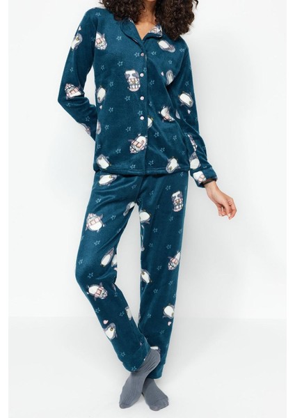 Tarz Rahat Uzun Kollu Boru Paça Penguen Desenli Polar Kışlık Örme Pijama Takımı
