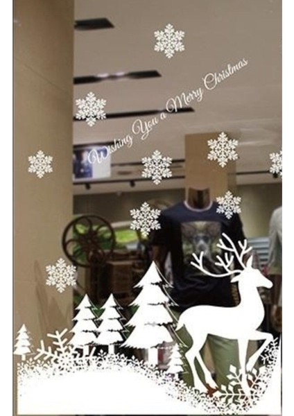 Yılbaşı Cam Sticker Statik Çekim Özellikli Geyik Desenli Çam Ağacı ve Kartaneleri