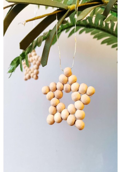 5 Adet Dekoratif Ahşap Boncuklu Mini Yıldız (5cm) Yılbaşı Süsü