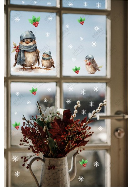 Yılbaşı Christmas Anne Kuş ve Yavruları Kokina-Kar Taneleri Sticker Seti