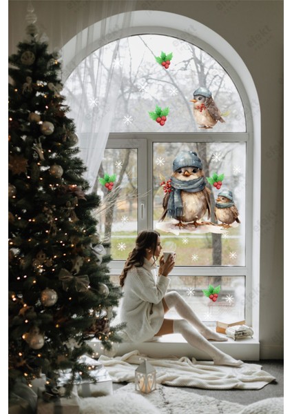 Yılbaşı Christmas Anne Kuş ve Yavruları Kokina-Kar Taneleri Sticker Seti