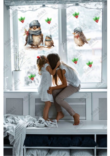 Yılbaşı Christmas Anne Kuş ve Yavruları Kokina-Kar Taneleri Sticker Seti