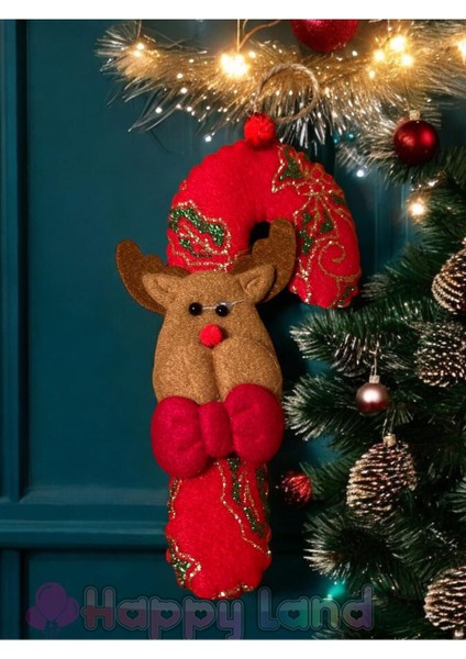 Yılbaşı Ağacı Süsü Baston Şekerli Geyik Peluş Model Asma Süs 15CM Küçük Boy