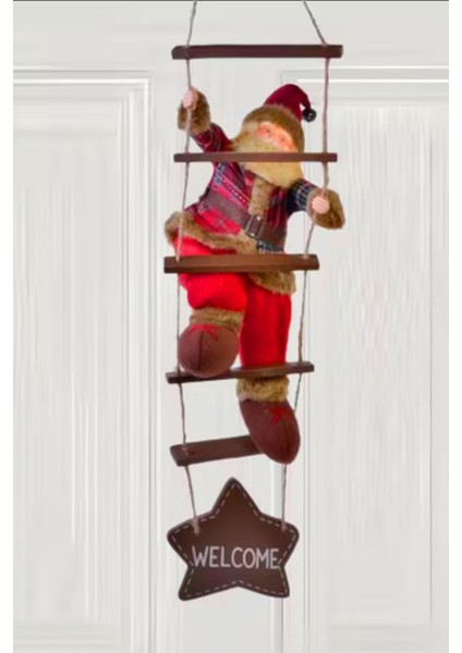 Yılbaşı Noel Baba Ahşap Merdiven, Kırmızı, Dekorasyon ve Süsleme İçin 40-78 Cm