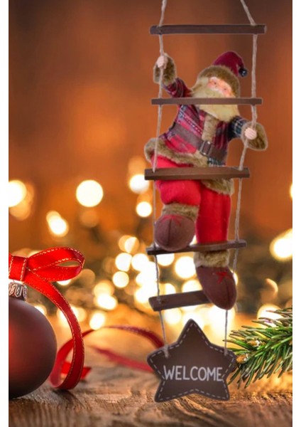 Yılbaşı Noel Baba Ahşap Merdiven, Kırmızı, Dekorasyon ve Süsleme İçin 40-78 Cm