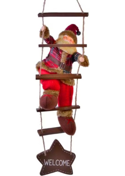Yılbaşı Noel Baba Ahşap Merdiven, Kırmızı, Dekorasyon ve Süsleme İçin 40-78 Cm