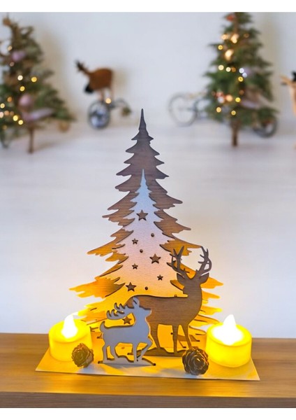 Işıklı tealight mumlu ahşap masa dekoru, şık ve doğal yılbaşı atmosferi yaratır.