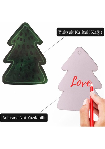 Yılbaşı Çam Ağacı Tasarımlı Hediye Etiketi, Delikli Yeniyıl Paketleme Kartı, 50 Adet, 5,5 x 8 cm