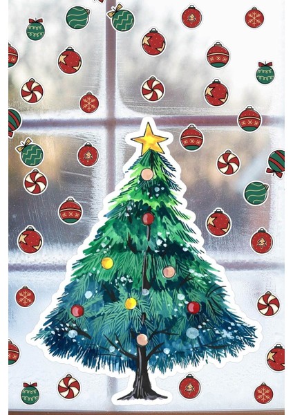 Yenı Yıl Yılbaşı Ağacı Sticker Cam Duvar Süsleme Çıkartma Seti