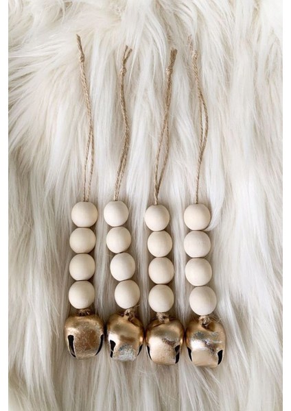 4 Adet Ahşap Boncuklu Zilli Ağaç Süsü