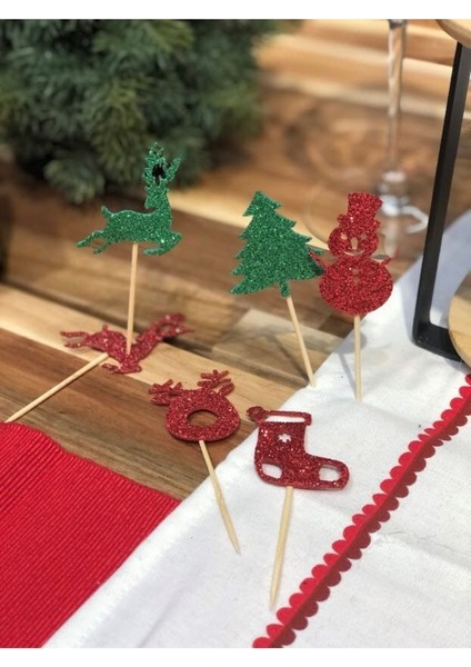 6 Adet Yeşil ve Kırmızı Karışık Yılbaşı Motifli Yılbaşı Sofra Süsü Simli Eva Yılbaşı Kürdan