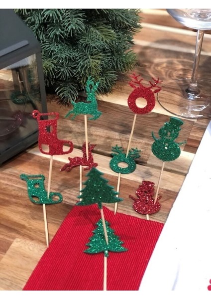 6 Adet Yeşil ve Kırmızı Karışık Yılbaşı Motifli Yılbaşı Sofra Süsü Simli Eva Yılbaşı Kürdan fiyatları