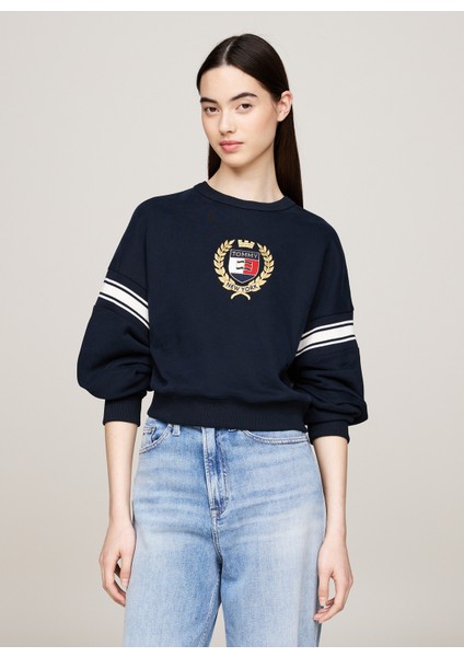 Yuvarlak Yaka Nakışlı Lacivert Kadın Sweatshırt Tjw Nw Bxy Crest Crew