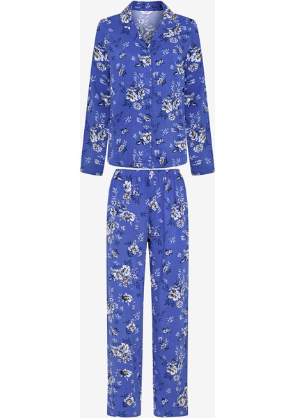Çiçek Baskılı Saks Mavisi Gömlek Pantolon Pijama Takımı