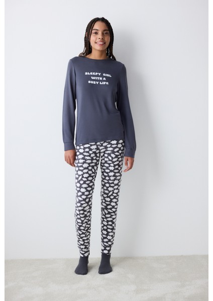 Busy Life Gri Termal Pantolon Pijama Takımı