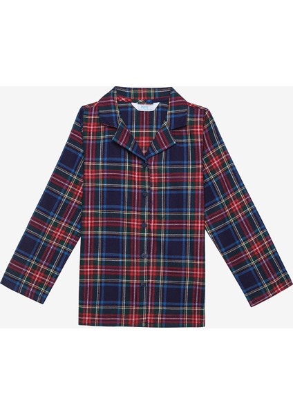 Pamuklu Unisex Çocuk Navy Plaid Fam Kırmızı Gömlek Pijama Takımı