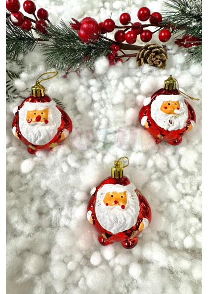 Tombul Noel Baba Ağaç Süsü Kırmızı Metalik Renk Beyaz Sakallı 3 Adet 6 cm Yılbaşı Çam Ağacı Yeni Yı