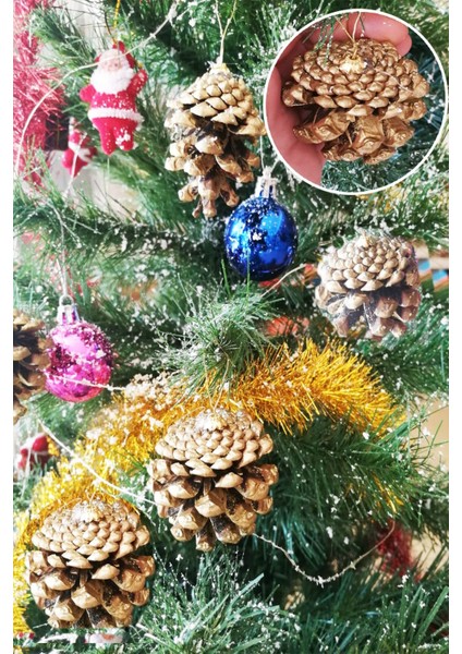 6 Adet Yılbaşı Çam Ağacı Kozalak Süs Yeni Yıl Çam Ağacı Dekoratif Süsleri Gold Kozalak Modelleri