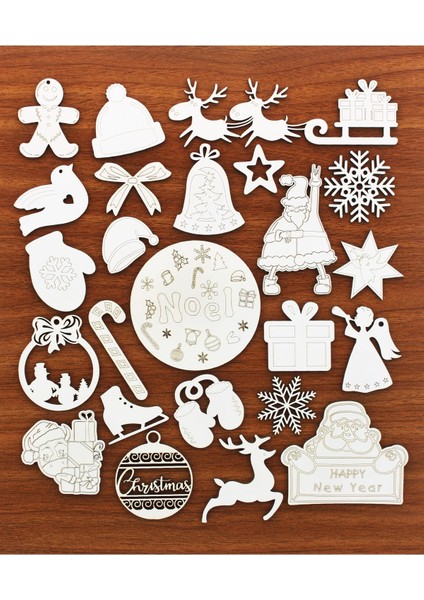 Boyanabilir! 24 Parça Ahşap Yılbaşı Süs Seti (Ortalama 6-10CM)