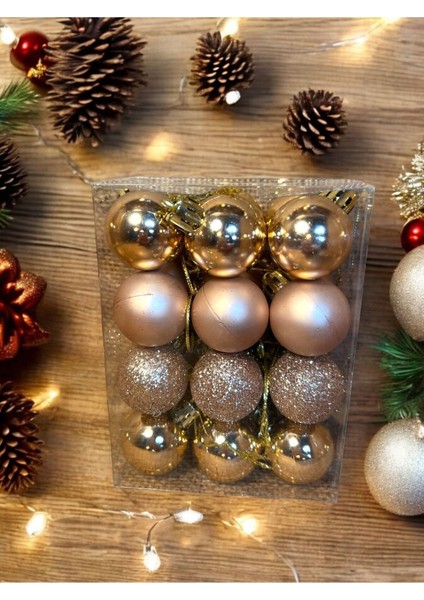 Yılbaşı Çam Ağacı Süsü Rose Gold 24 Adet 3 cm Asetat Kutulu Rose Cici Top Setşi