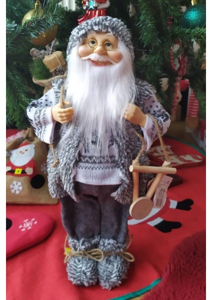 1 Adet Yılbaşı Süsü Noel Baba Biblo Figür Büyük Boy 45CM Gri
