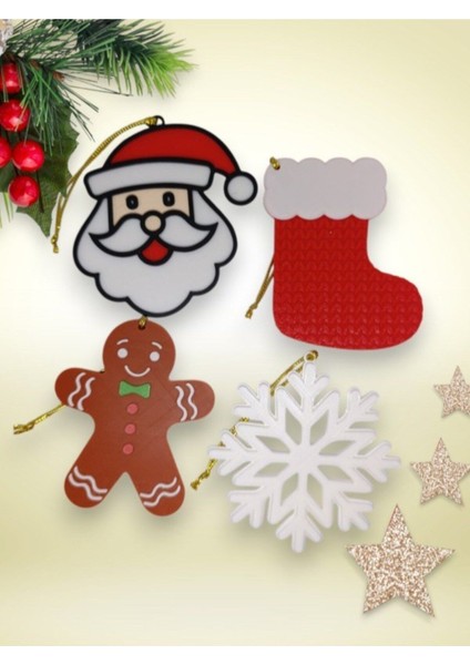 Yılbaşı Çam Ağacı Süsleri 4 Lü Set Noel Baba, Kurabiye, Kar, Çorap