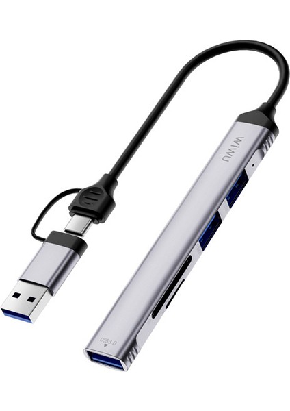 5in1 Type-C Usb-A Hub Çoğaltıcı Wiwu WI-HB003 Zolo Serisi Usb3.0 + Usb2.0 + Sd/tf Bağlantılı Gri