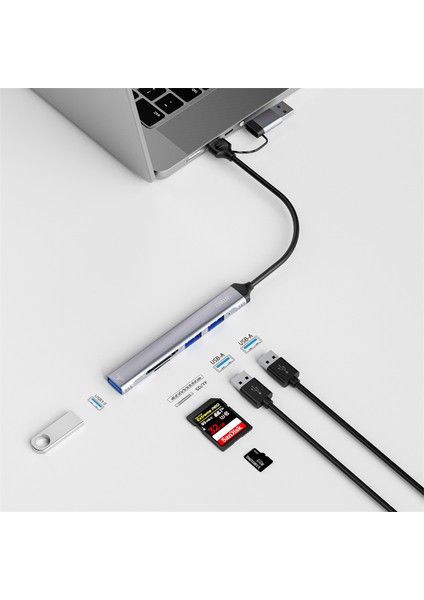 5in1 Type-C Usb-A Hub Çoğaltıcı Wiwu WI-HB003 Zolo Serisi Usb3.0 + Usb2.0 + Sd/tf Bağlantılı Gri