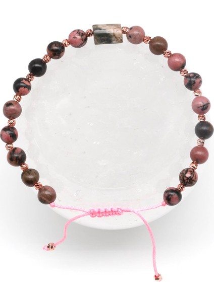 Rodonit Doğal Taş Makrome Örme Bileklik Küre Kesim