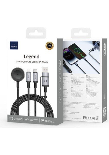 Çoklu Şarj Kablosu WI-C050 Legend Serisi Usb-A+Type-C To Lightning&type-C&akıllı Saat 100W 1.2m