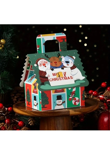 Yılbaşı Temalı Noel Baba ve Geyik Desenli Ev Şeklinde Hediye Şeker Çikolata Kutusu