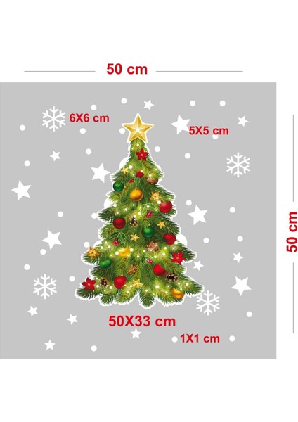 Renkli Çam Ağacı Yıldızlar ve Kar Tanesi Stickerları, 50x33cm, Yılbaşı Süsleri fırsatları