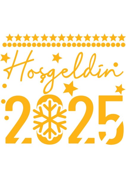 El Yazısı ile Hoşgeldin 2025 Yazısı ve Kar Tanesi Cam Vitrin Mağaza Süslemeleri - Sarı