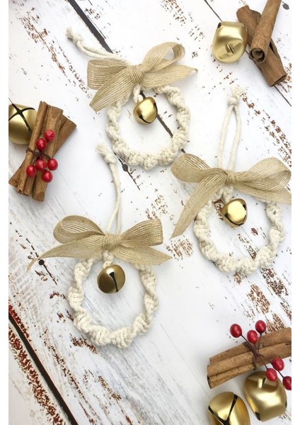 Good Vibes - 3 Adet Ekru Makromeli Hasır Fiyonklu Zil Boncuklu Ağaç Süsü