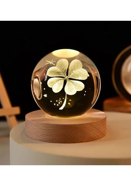 3D Kristal Top Yonca Model Ahşap Standlı USB Kablolu