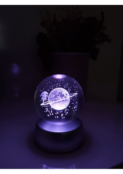 3D Satürn Kız Kristal Işıklı Cam Küre Mor Dekoratif Hediye